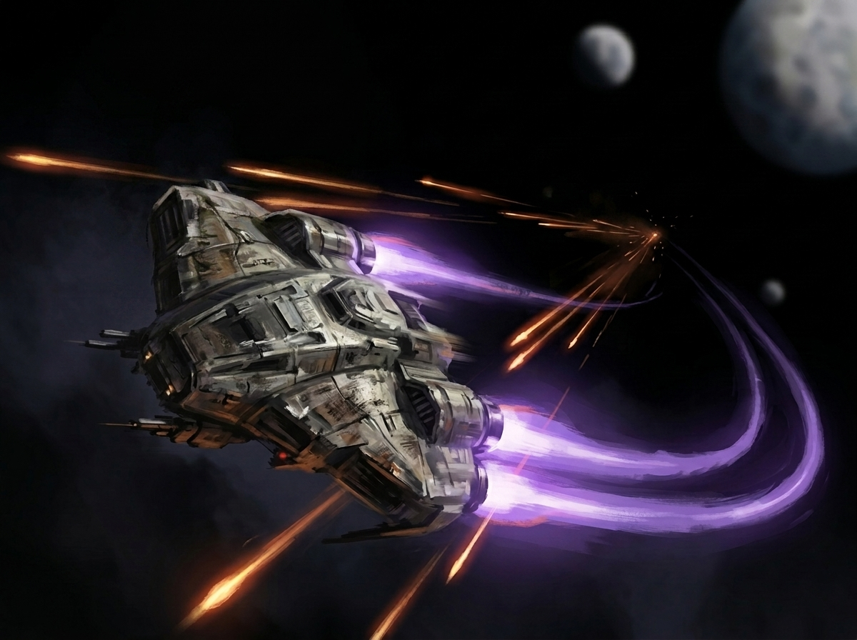 A salvaged warship banking hard through enemy fire in an evasive maneuver