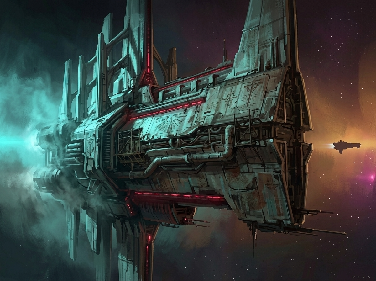 A heavy gunship the size of a small building, lit by red running lights