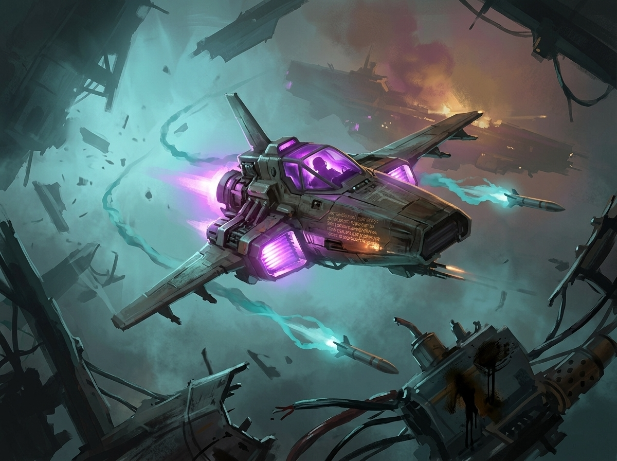 A salvaged interceptor banking through a debris field, engines glowing