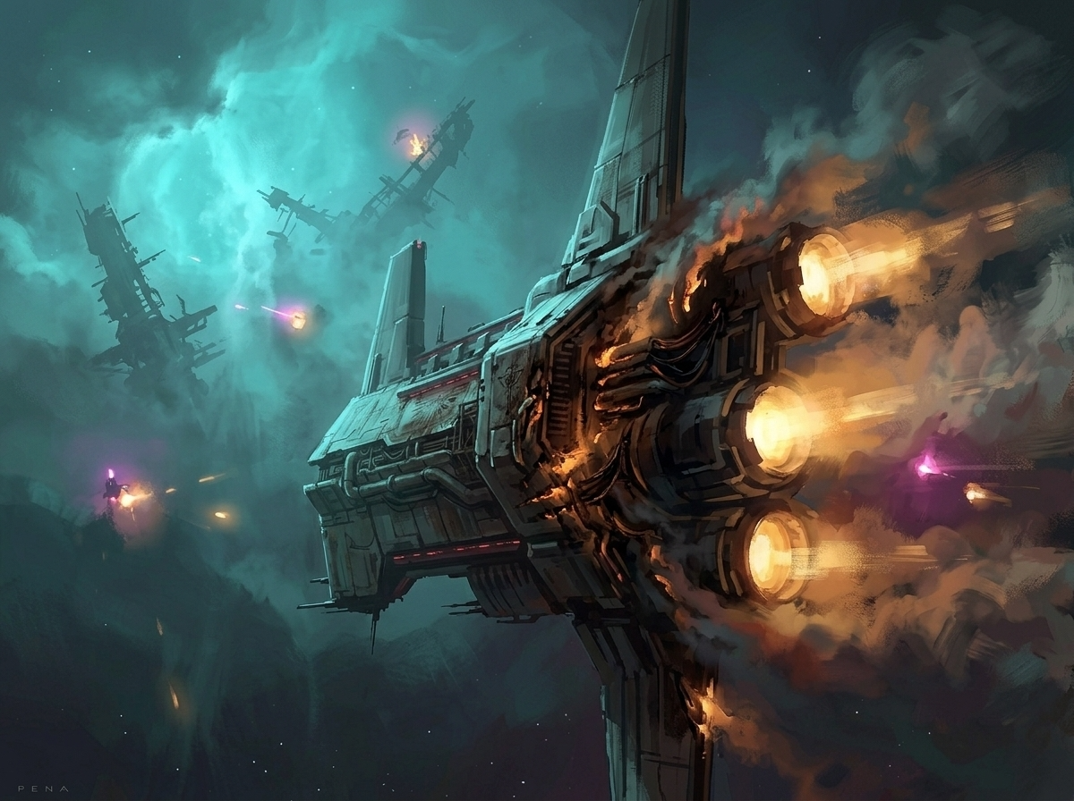 A freighter-turned-warship with engines flaring, a famous silhouette
